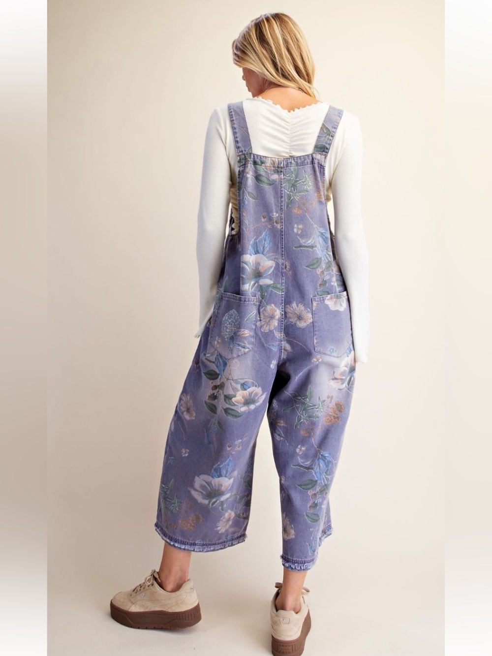 354 EASEL FLOWER PRINTED WASHED DENIM OVERALLS - Picture 3 of 4